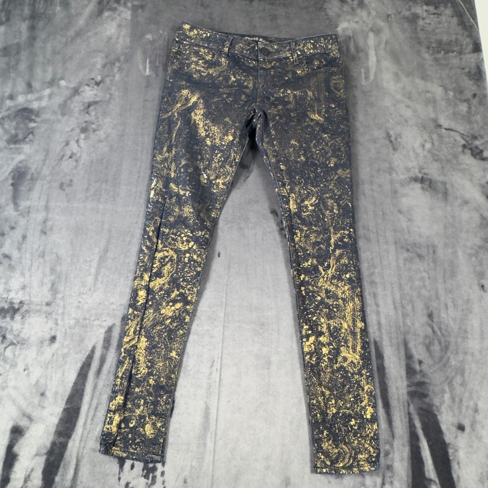 Express Jeans Stella Legging Women 4 Blue Gold Metallic Foil Splatter Low Rise